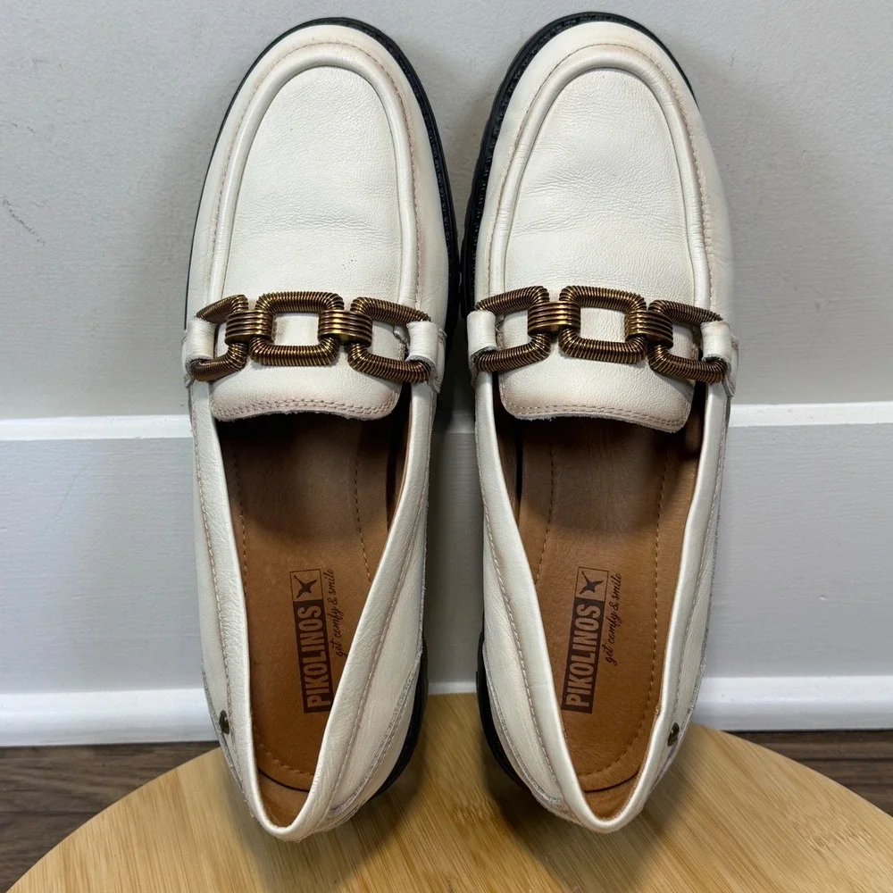 Pikolinos Platform Loafers Womens 40 Cream Leather Lug Sole Chain Chunky Preppy